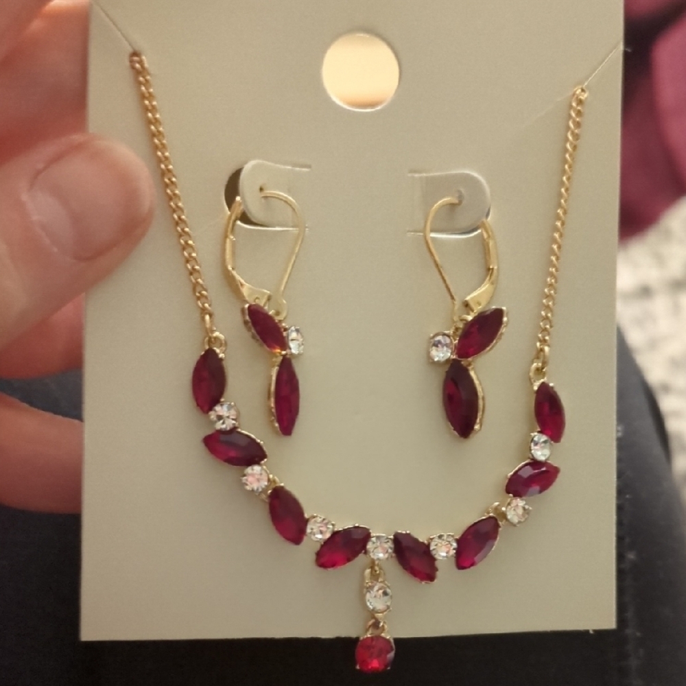 Anne Klein Gold Necklace with Deep Red Gems